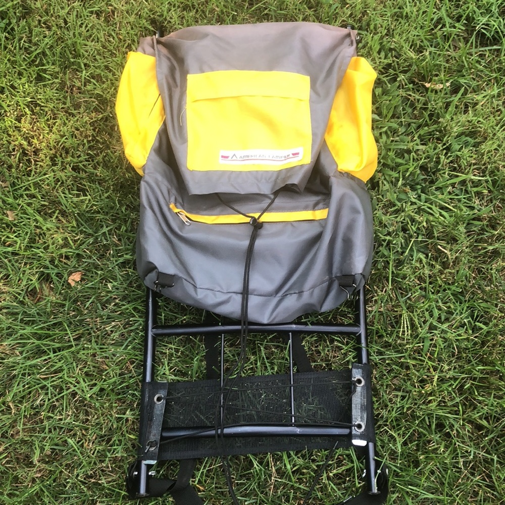 VINTAGE American Camper Aluminum Frame Nylon BACKPACK Yellow/Gray Unisex USA NEW